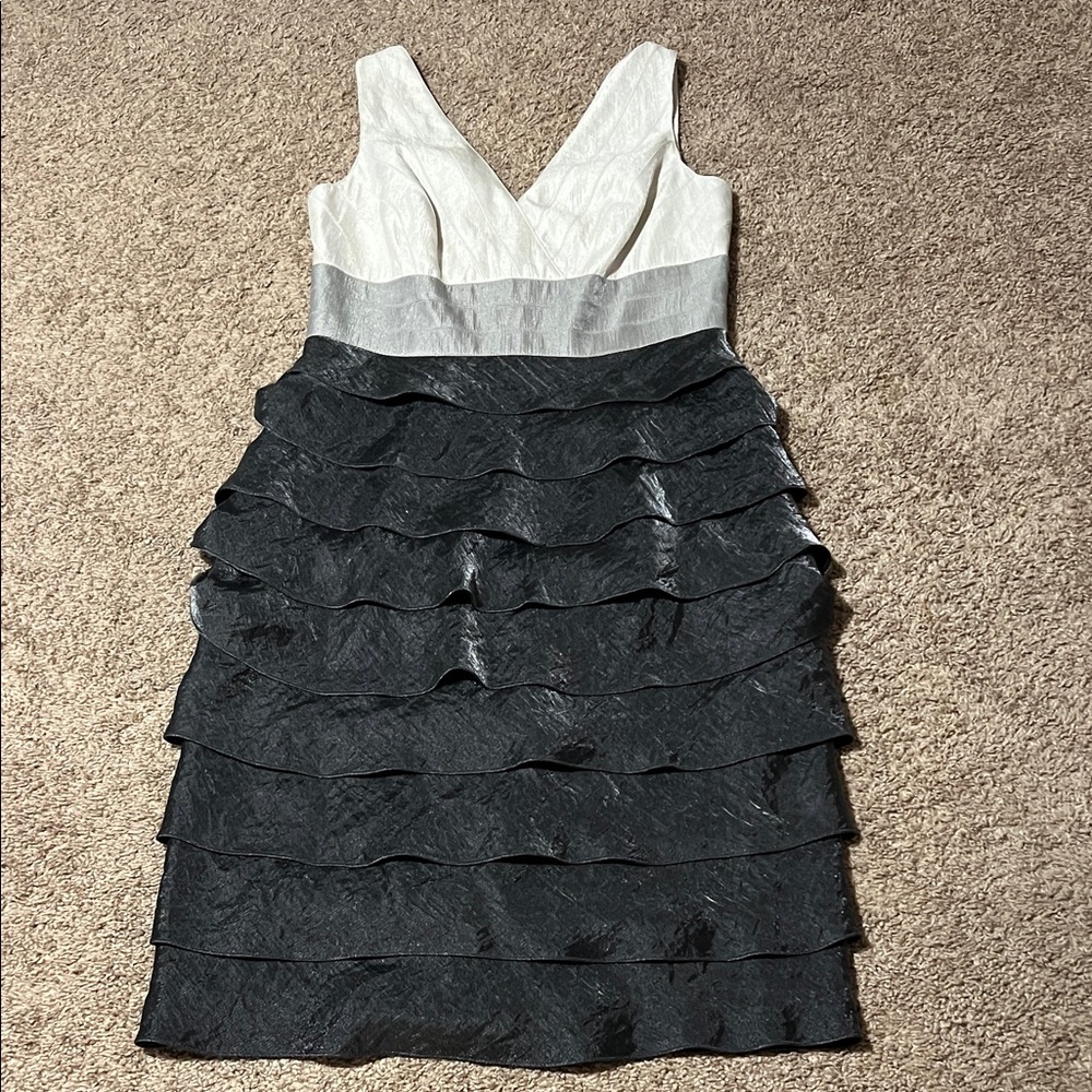 Adrianna Papell Black and White Ruffle Midi Dress, size 4